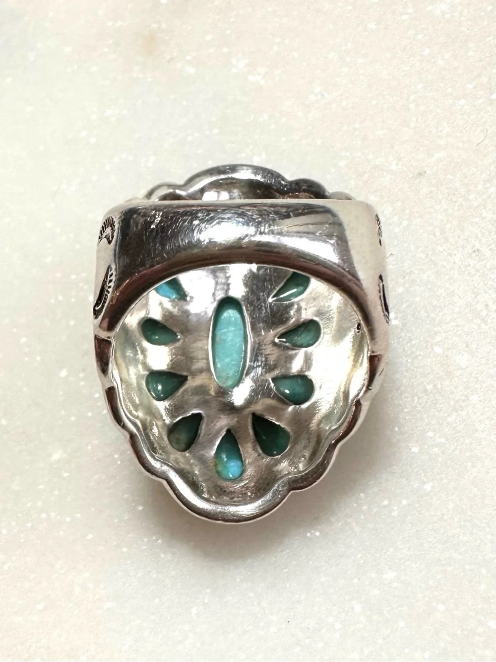 Turquoise Thai Hand-Embossed and Stamped Sterling Silver Cluster Statement Ring